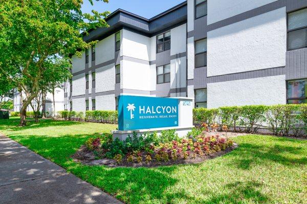 Entrance sign at Halcyon Apartments