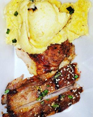 Thai Ribs, Rotisserie Chicken Thigh, and Roasted Corn Grits