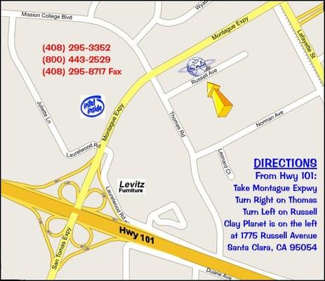 Clay Planet is located off hwy 101 and Montague Expressway.  From Montague, turn on to Thomas Road, then make a left on Russell.