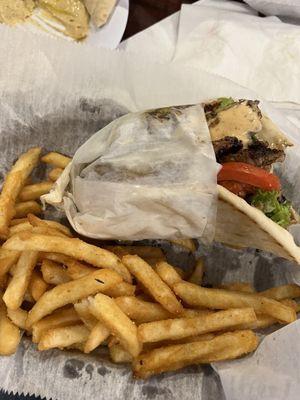 Jerk chicken pita with fries