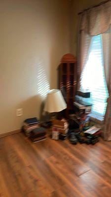 The mess shoved into the corner very messy in another bedroom.  The photo is blurry because we were stunned and angry.