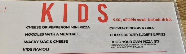 Kids menu