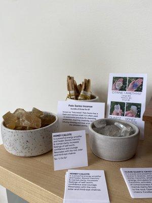 Crystals and Palo santo incense for your home altar. Visit our shop the next time you visit All Heart Yoga.