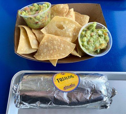 Tosilog burrito and side of chips & guac