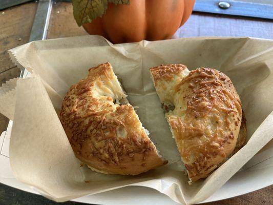 Asiago bagel with sausage and Swiss