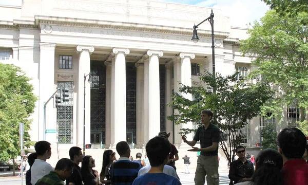 Tour guide at MIT outside of Lobby 7.