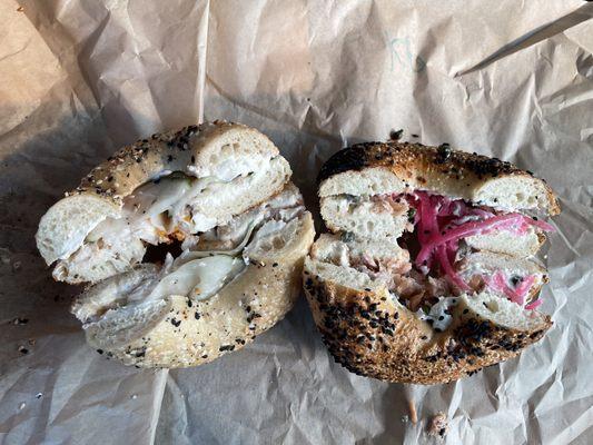 Black Cod sandwich on everything bagel, Kippered Salmon sandwich on black sesame bagel