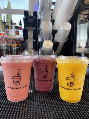 Strawberry, Mango, and Wild berry smoothies