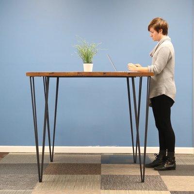 Custom Desk made from reclaimed pine and steel pyramid legs.  Dimensions: 4ft L x 4ft W x 3.5ft H