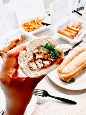 Tofu Banh Mi, tofu appetizer in back, fries & veggie egg rolls