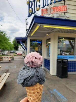 Black licorice and huckleberry in a waffle cone