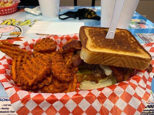 Bacon Avocado Swiss Burger with Sweet Potato Fries