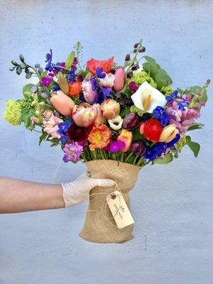 Large Daily Hand-Tied Bouquet. Wrapped in a repurposed, burlap coffee sack from a local roaster.