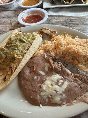 Tamale with rice and beans (part of a combo plate)