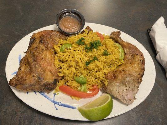 Yellow rice with falling the bones baked chicken