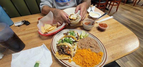 Carne Asada Dinner Plate and chorizo egg burrito