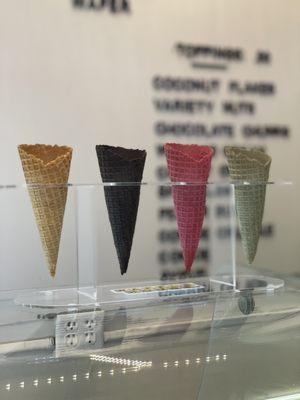 waffle cones: (L to R)
 classic, cocoa, red velvet, matcha green tea