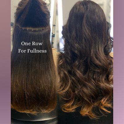 One row of volume weft extensions added  for fullness by Shirin 949-264-2472.