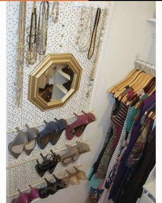 Very small closet. The client need some where to store her heels and jewelry. I made this space on the back of her closet door.