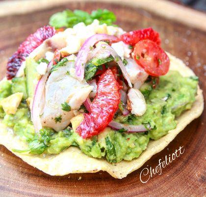 Striped bass ceviche, avocado, tostada