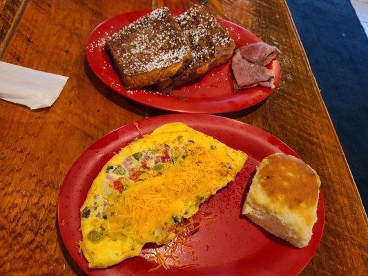 French toast, country ham, the Big Bella omelet, and a super fluffy biscuit