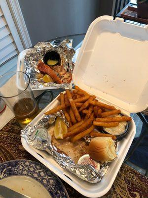 Broiled filet of flounder platter with a 5 oz. lobster tail side ($11.95 extra) with drawn butter.