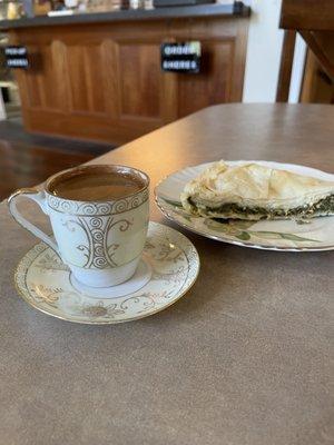 Greek coffee and spanakopita