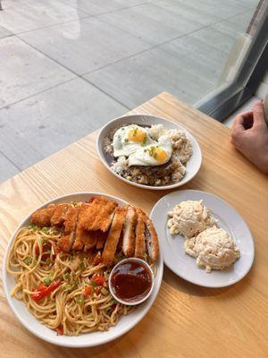 Loco moco, garlic noods, and Katsu