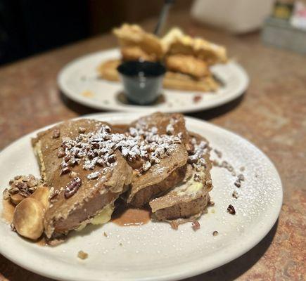 Banana Foster Stuffed French Toast and  Stacked Chicken & Waffles