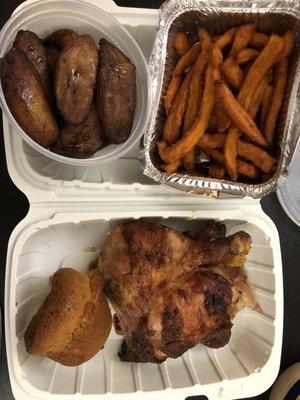 Quarter chicken, plantains, sweet potato fries