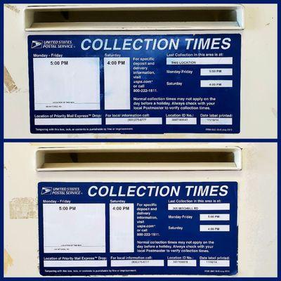 The indoor drop boxes with collection times.