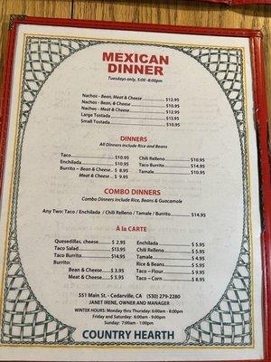 Tuesday night Mexican dinner menu