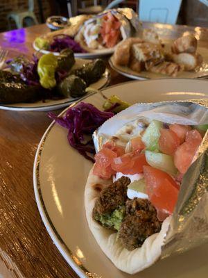 Falafel Gyro, Grape Leaves, Grilled Chicken Gyro with Fries & Garlic Bread