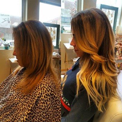 Extension application, fresh sombre balyage throughout midshaft and ends, by Melissa.