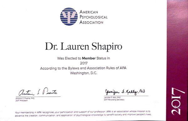 Lauren Ashley Shapiro, PsyD has maintained membership with the American Psychological Association.