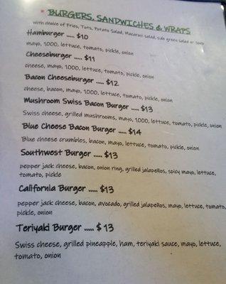 Burger, sandwiches, and wraps menu