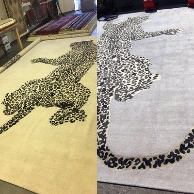 Custom made silk and wool leopard rug
 (Kitty area is silk and the white around all wool)