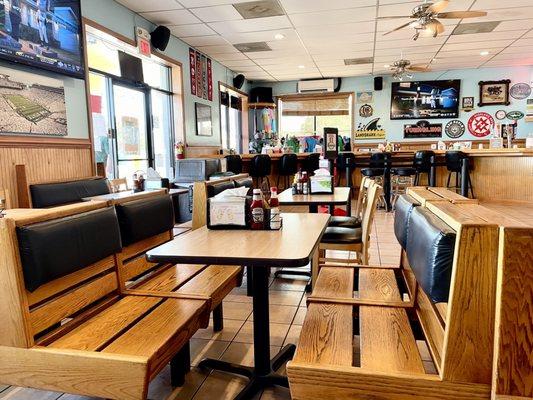 Inside of shop facing bar area - neat, clean, tidy; lots of seating, draft brews, extensive menu, SUPER REASONABLE PRICES, big portions