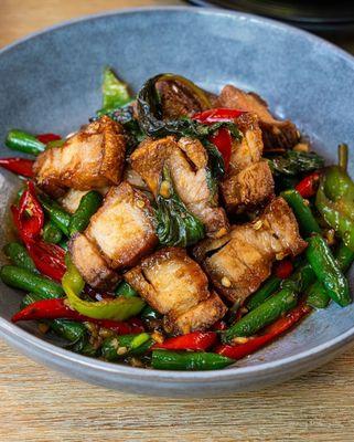 Crispy pork belly basil