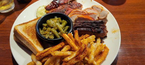 Fries, toast, green beans, turkey, brisket, ribs