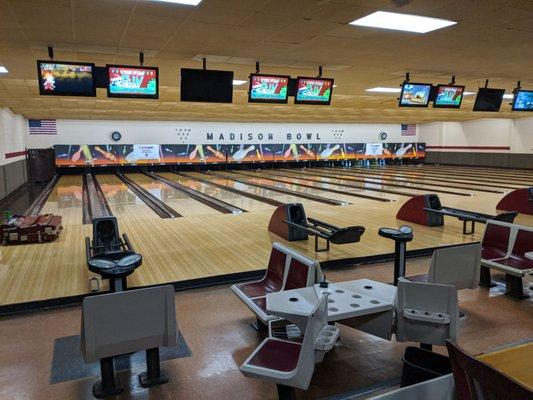 Other side of bowling alley has additional lanes