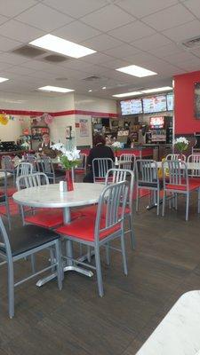 A view of the neat, clean dining area.