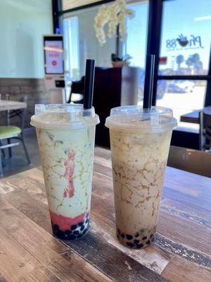 Strawberry Matcha with boba (left) & Brûlée Coffee with boba (right) $6.85 each