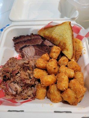 Brisket, pulled pork & tots.