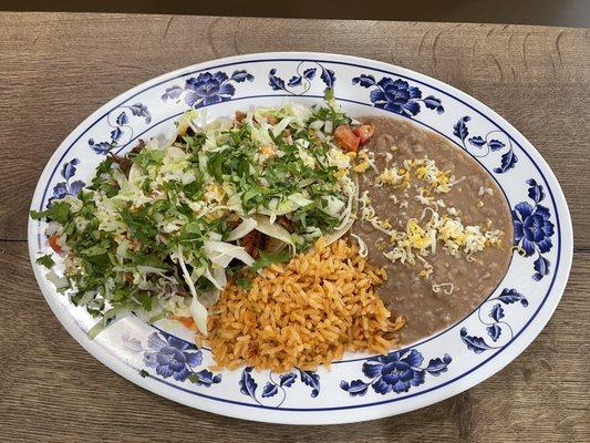 Tacos plate with rice and beans