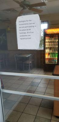 This subway is at it again. Why don't they participate in the national deals? Sounds like the owner is just plain greedy