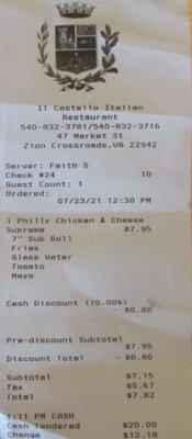 Il Castello Italian Restaurant / Zion Crossroads, VA: My receipt for lunch.