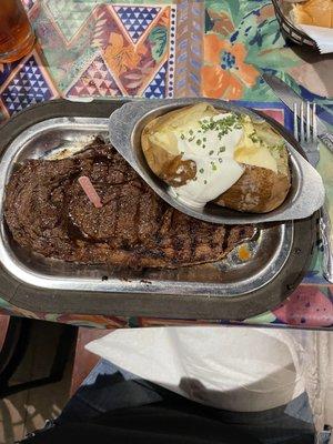 Dale marinaded ribeye with baked potato. Cook to order. Very tender but a bit heavy on the Dale sauce. But worth the cost .