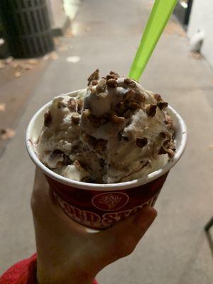 Cake Batter Ice Cream with Moose Tracks Fudge and Pecans