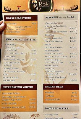 The Beer, Wine, Beverage Menu.  India Dining often prefers water.